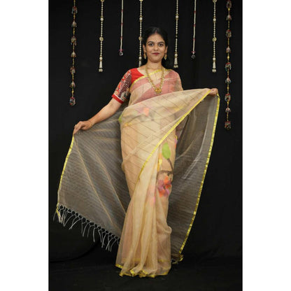 Isadora Life Womens Stripes Tassels Beige Pre-Draped Saree With Unstitched Blouse