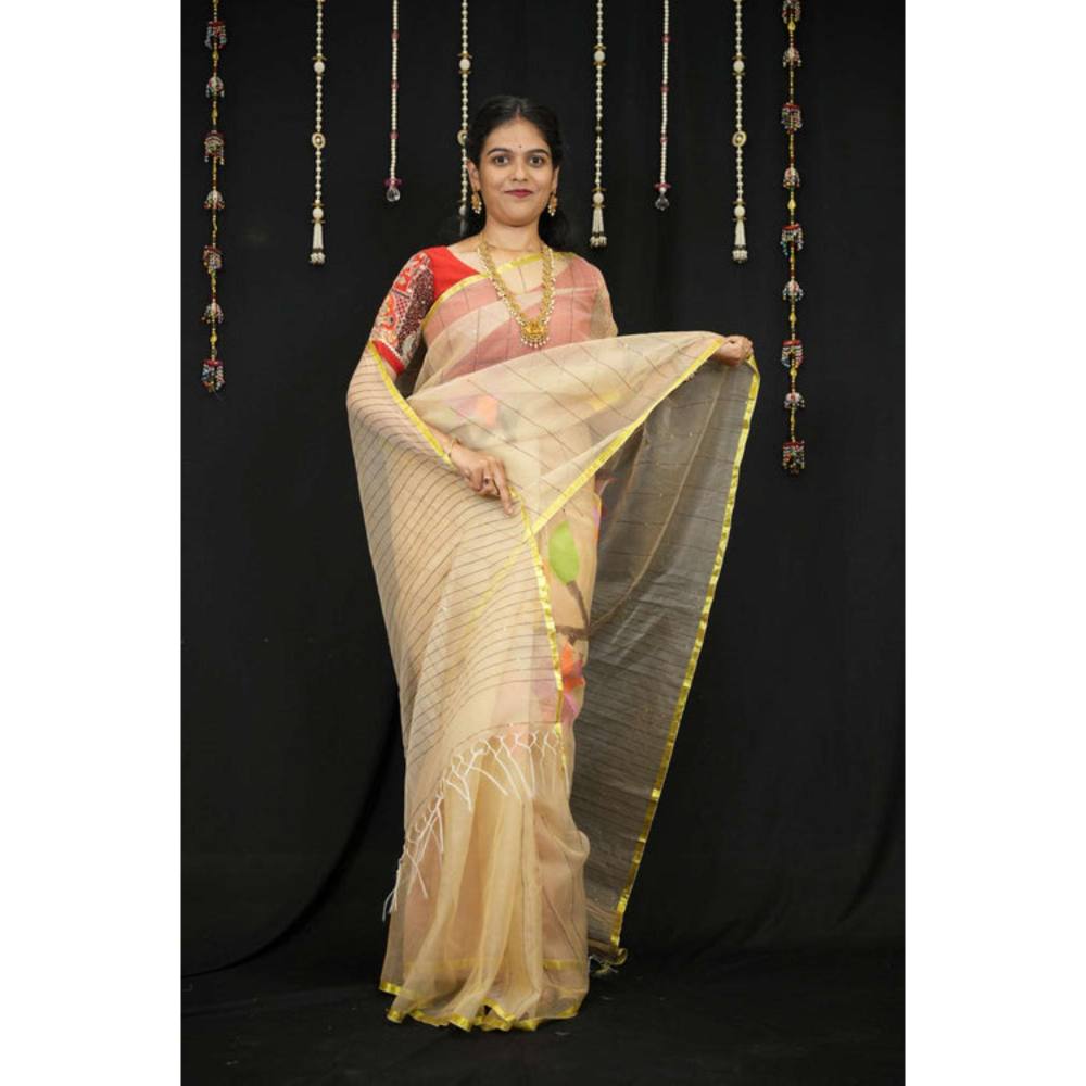 Isadora Life Womens Stripes Tassels Beige Pre-Draped Saree With Unstitched Blouse