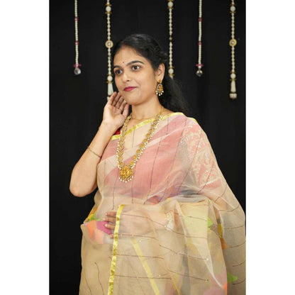 Isadora Life Womens Stripes Tassels Beige Pre-Draped Saree With Unstitched Blouse
