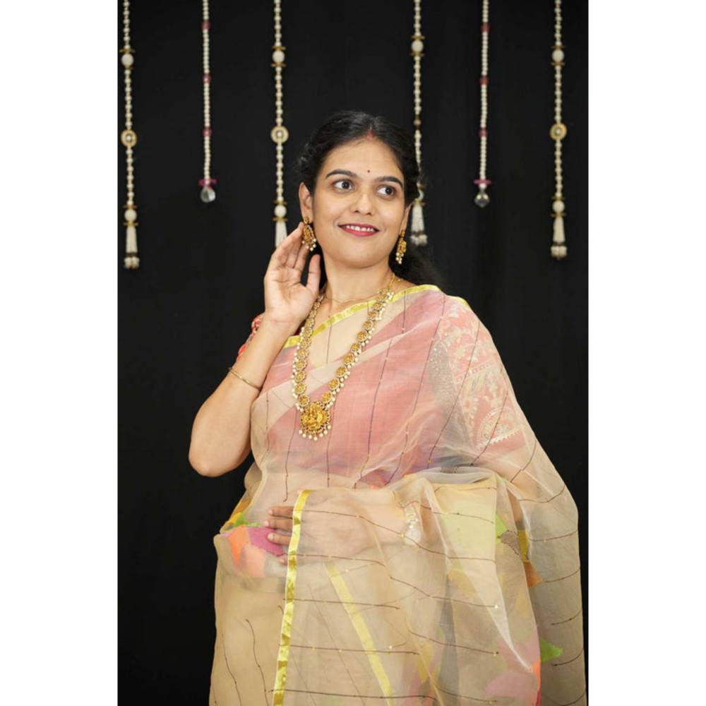Isadora Life Womens Stripes Tassels Beige Pre-Draped Saree With Unstitched Blouse