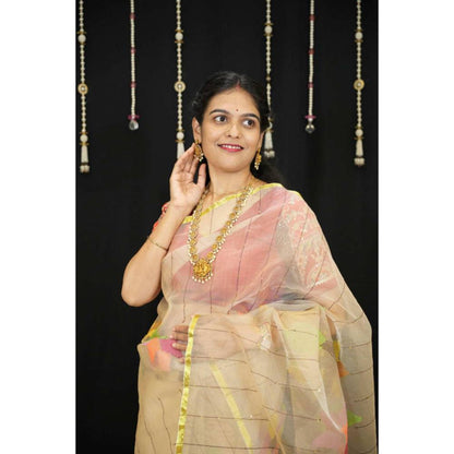 Isadora Life Womens Stripes Tassels Beige Pre-Draped Saree With Unstitched Blouse