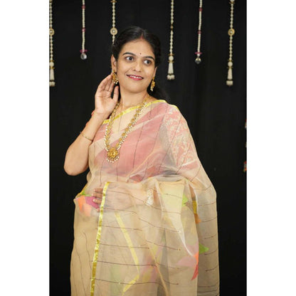 Isadora Life Womens Stripes Tassels Beige Pre-Draped Saree With Unstitched Blouse
