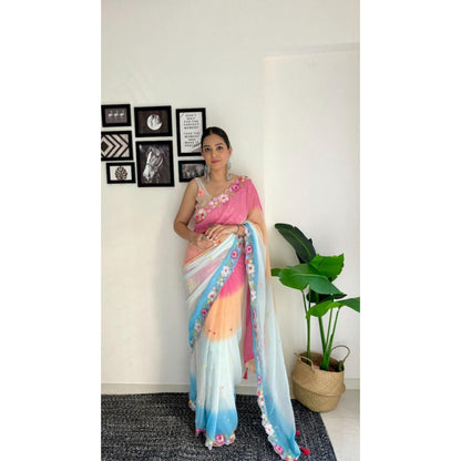 Isadora Life Womens Ombre Embroidered Multi-Color Pre-Draped Saree With Unstitched Blouse