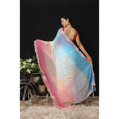 Isadora Life Womens Ombre Embroidered Multi-Color Pre-Draped Saree With Unstitched Blouse