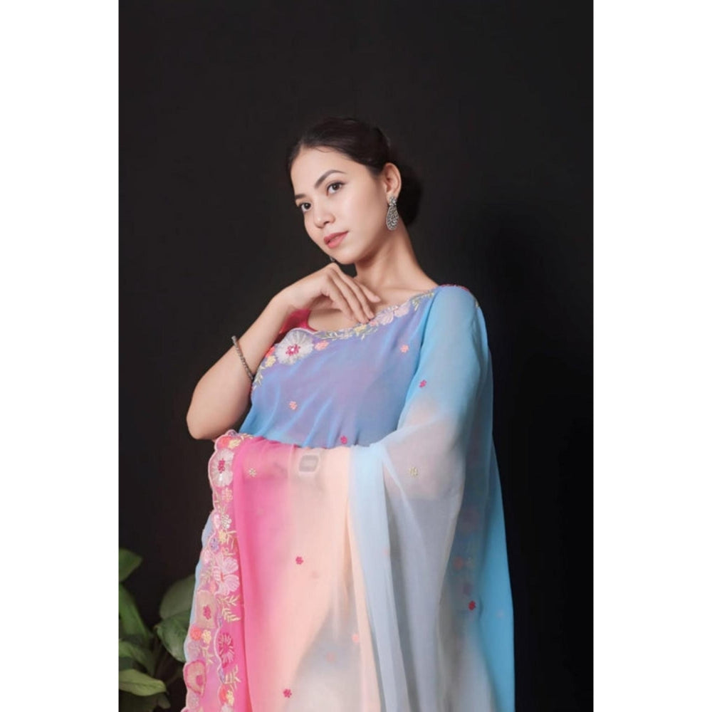 Isadora Life Womens Ombre Embroidered Multi-Color Pre-Draped Saree With Unstitched Blouse