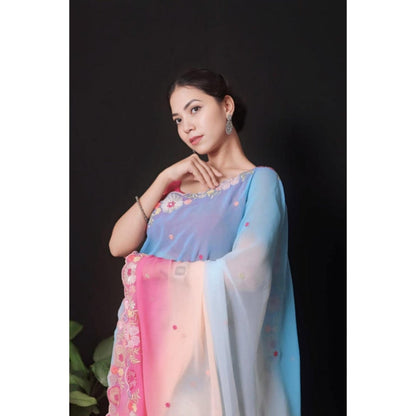 Isadora Life Womens Ombre Embroidered Multi-Color Pre-Draped Saree With Unstitched Blouse