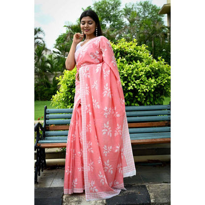 Isadora Life Womens Printed Peach Pre-Draped Saree With Unstitched Blouse