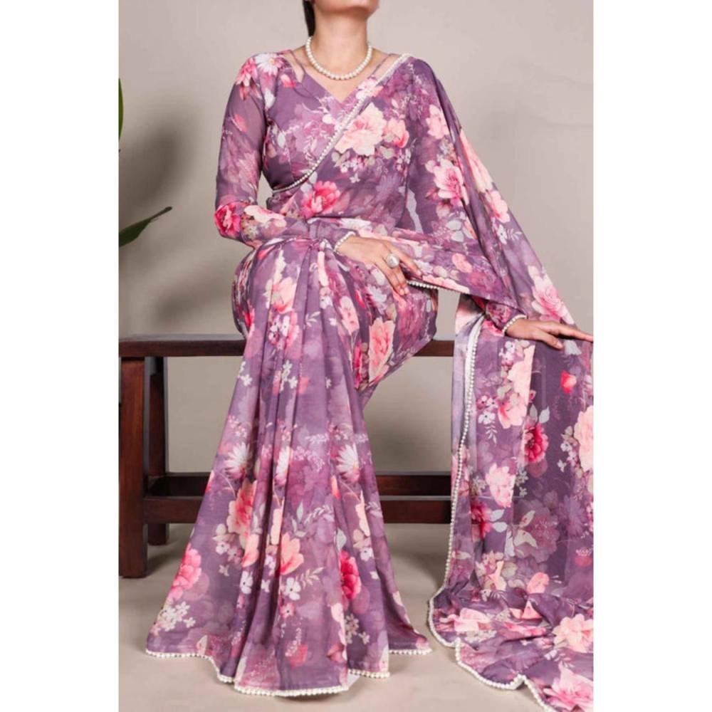 Isadora Life Womens Floral Printed Purple Pre-Draped Saree With Unstitched Blouse