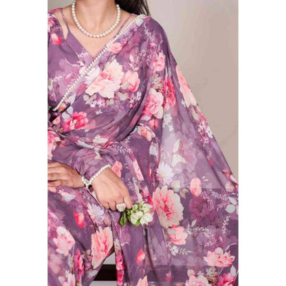 Isadora Life Womens Floral Printed Purple Pre-Draped Saree With Unstitched Blouse