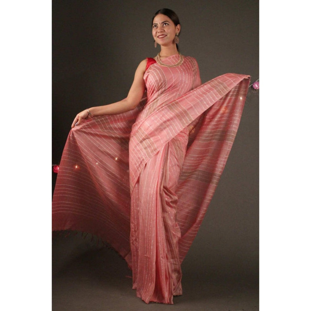 Isadora Life Womens Stripes Tassels Peach Pre-Draped Saree With Unstitched Blouse