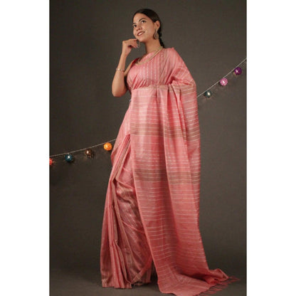 Isadora Life Womens Stripes Tassels Peach Pre-Draped Saree With Unstitched Blouse