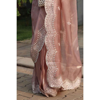Isadora Life Womens Embroidered Zari Peach Pre-Draped Saree With Unstitched Blouse