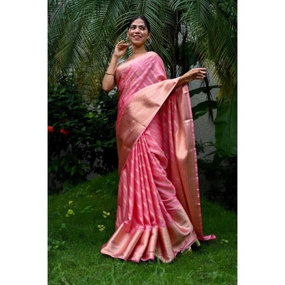 Isadora Life Womens Woven Zari Pink Pre-Draped Saree With Unstitched Blouse