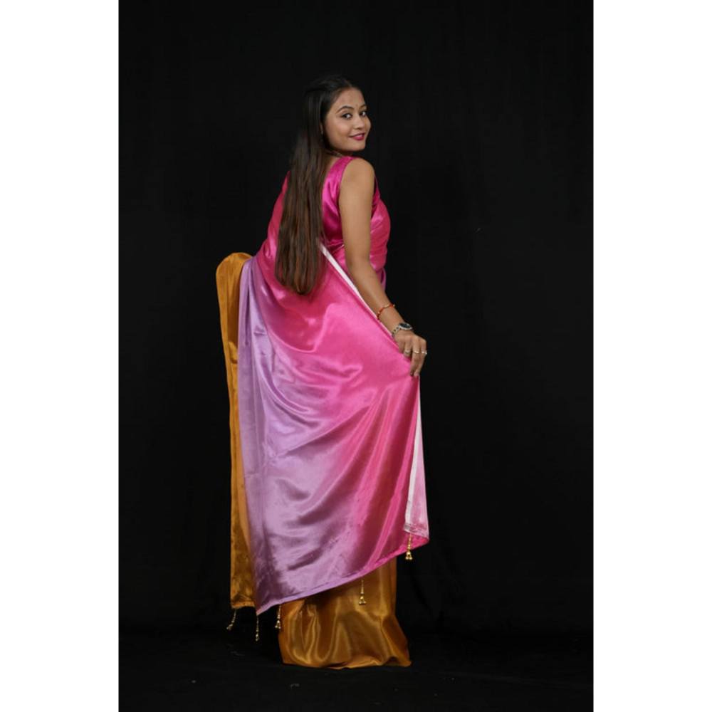 Isadora Life Womens Ombre Printed Multi-Color Pre-Draped Saree With Unstitched Blouse