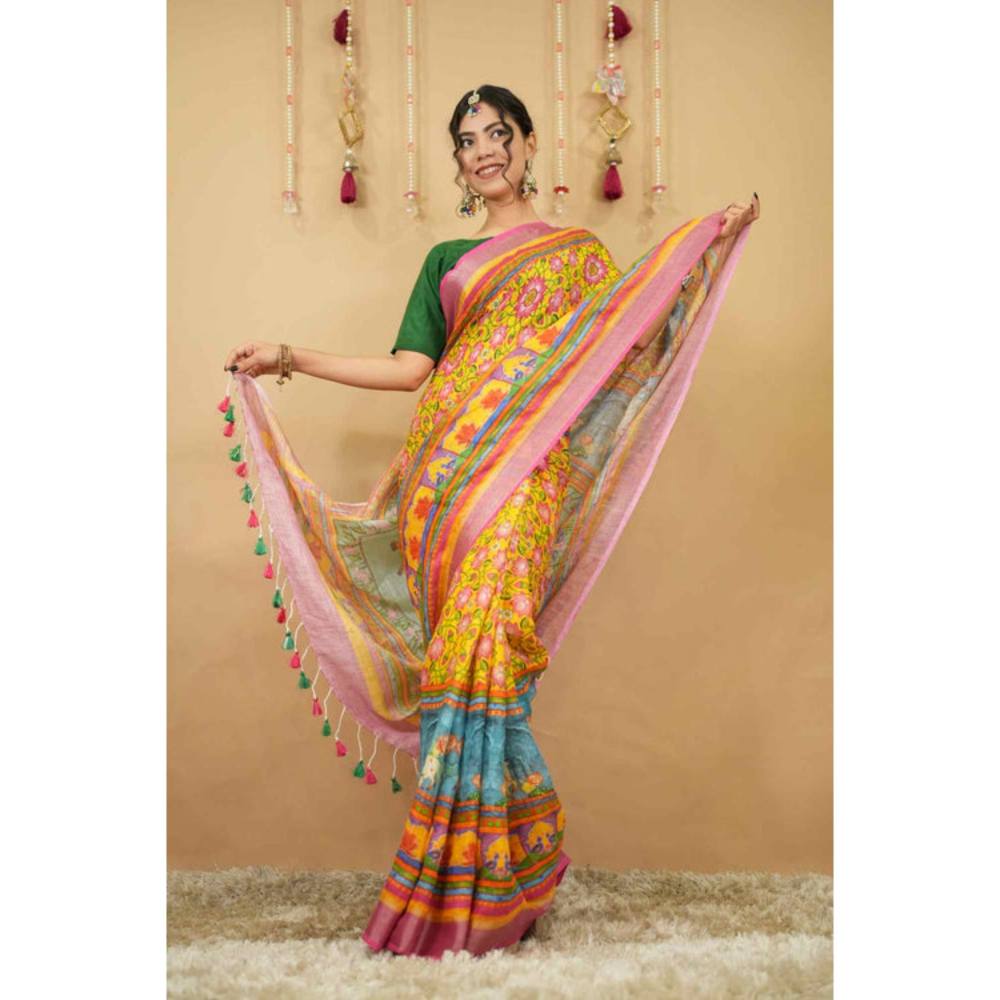 Isadora Life Womens Printed Tassels Multi-Color Pre-Draped Saree With Unstitched Blouse