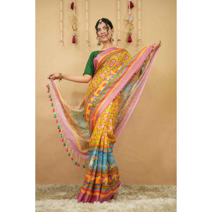 Isadora Life Womens Printed Tassels Multi-Color Pre-Draped Saree With Unstitched Blouse