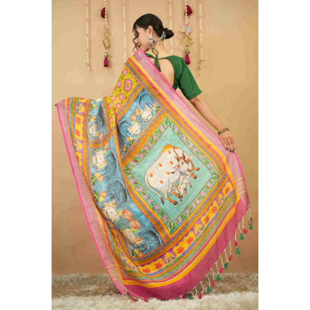Isadora Life Womens Printed Tassels Multi-Color Pre-Draped Saree With Unstitched Blouse