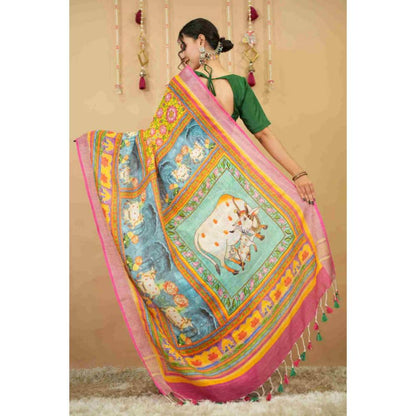 Isadora Life Womens Printed Tassels Multi-Color Pre-Draped Saree With Unstitched Blouse