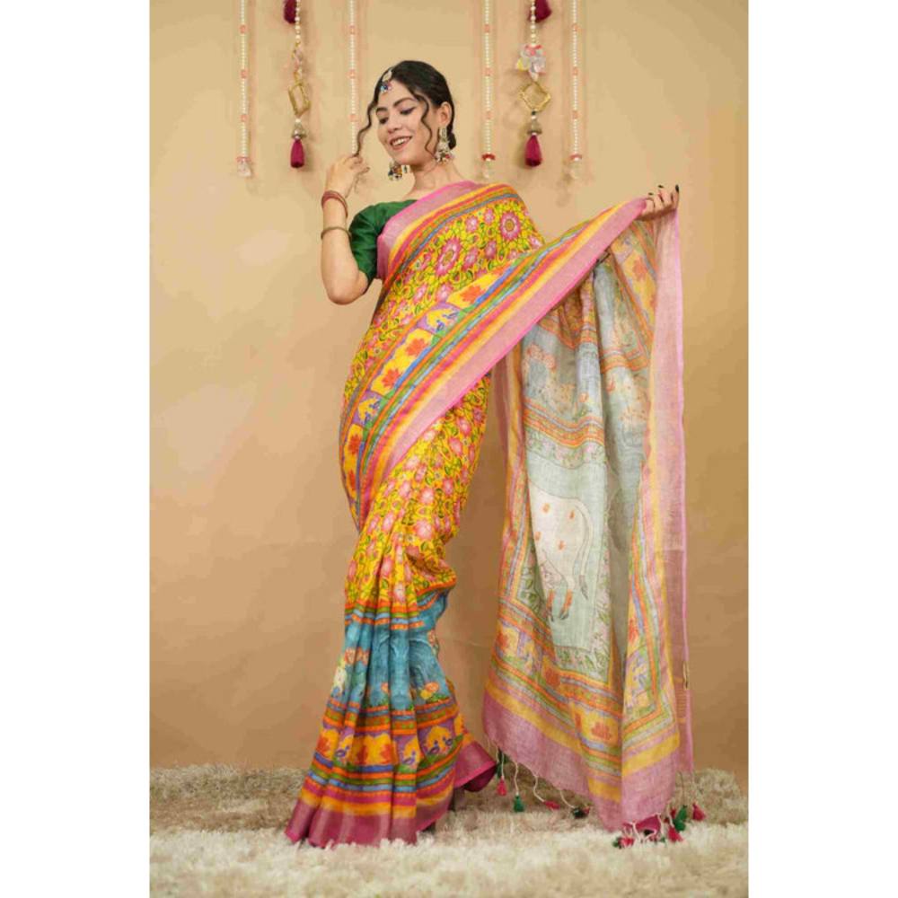 Isadora Life Womens Printed Tassels Multi-Color Pre-Draped Saree With Unstitched Blouse