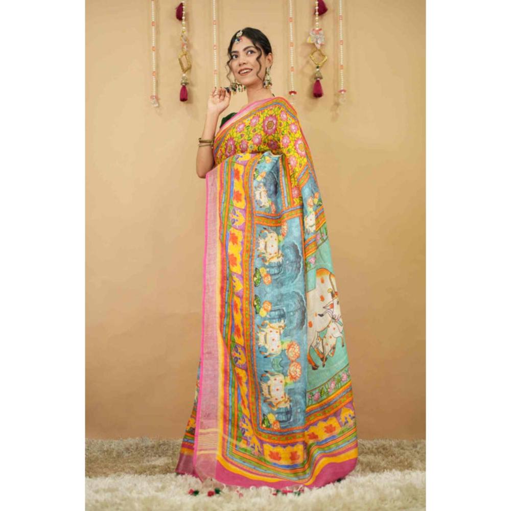 Isadora Life Womens Printed Tassels Multi-Color Pre-Draped Saree With Unstitched Blouse