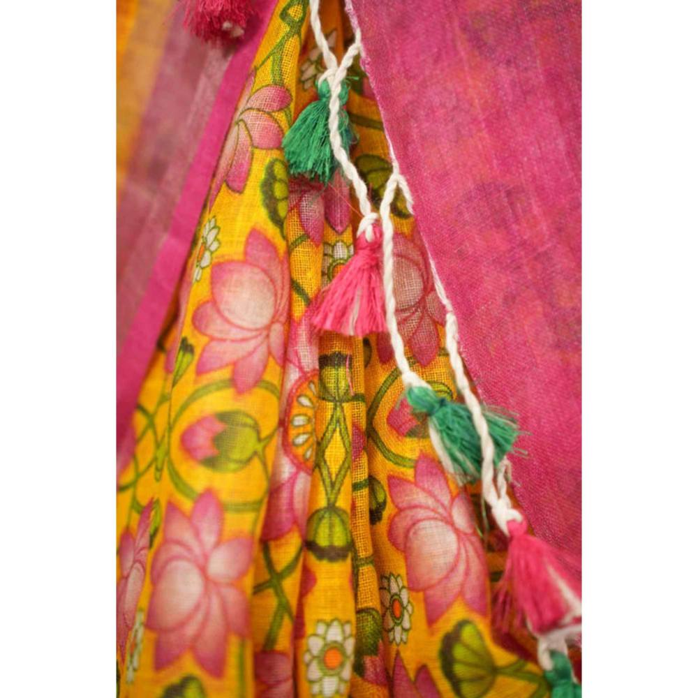 Isadora Life Womens Printed Tassels Multi-Color Pre-Draped Saree With Unstitched Blouse