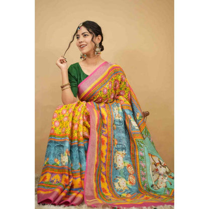 Isadora Life Womens Printed Tassels Multi-Color Pre-Draped Saree With Unstitched Blouse