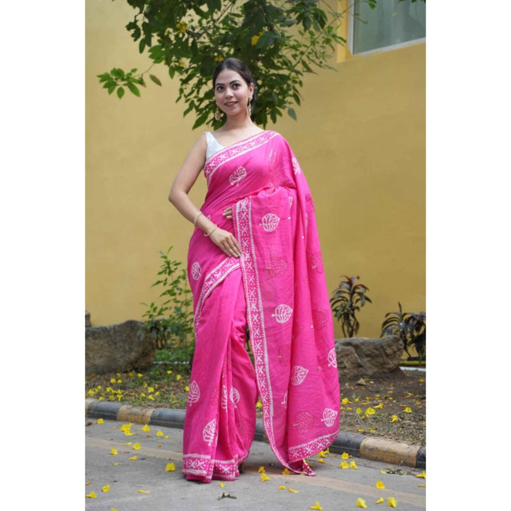 Isadora Life Womens Printed Tassels Pink Pre-Draped Saree With Unstitched Blouse