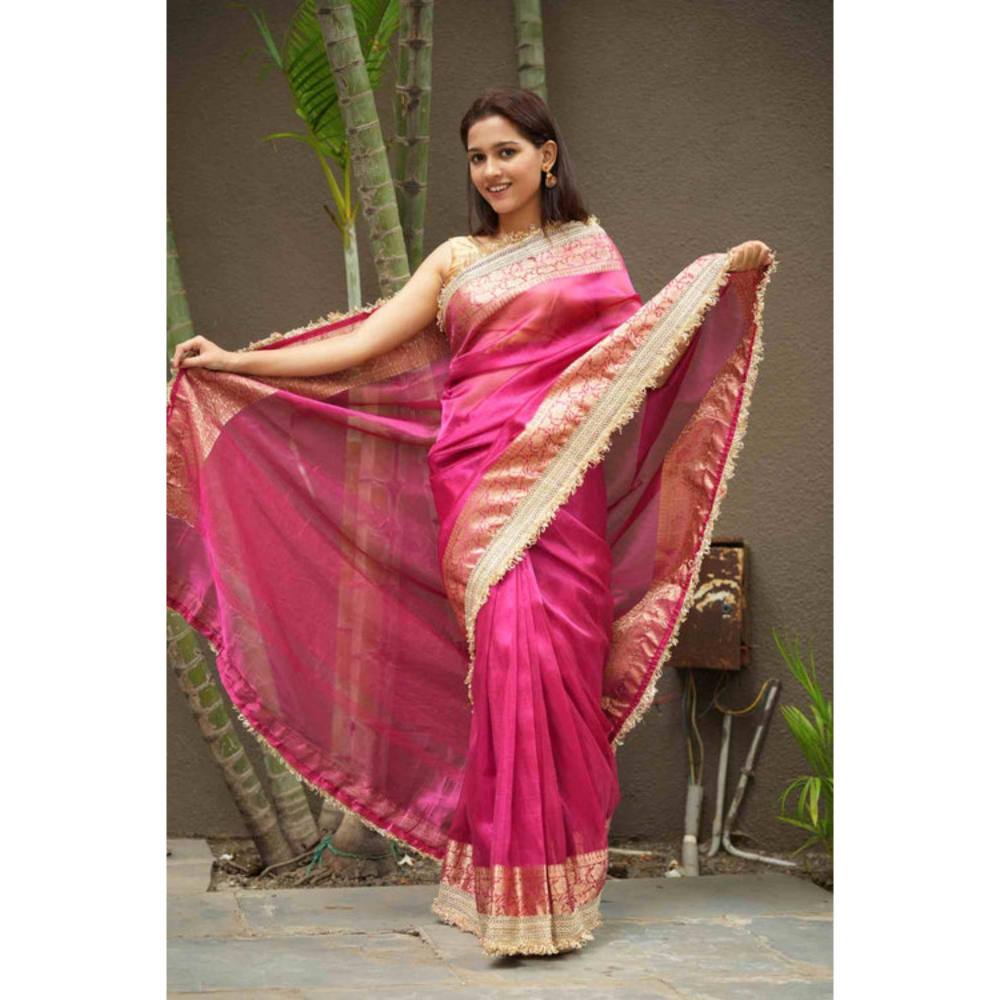 Isadora Life Womens Woven Embroidered Pink Pre-Draped Saree With Unstitched Blouse