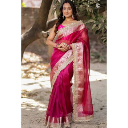 Isadora Life Womens Woven Embroidered Pink Pre-Draped Saree With Unstitched Blouse