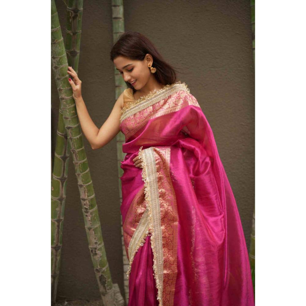 Isadora Life Womens Woven Embroidered Pink Pre-Draped Saree With Unstitched Blouse