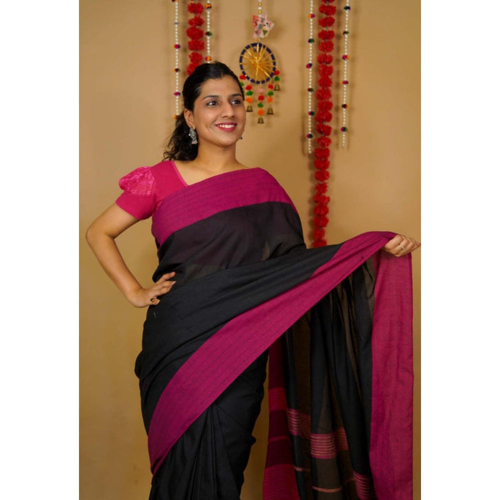 Isadora Life Womens Woven Tassels Black Pre-Draped Saree With Unstitched Blouse
