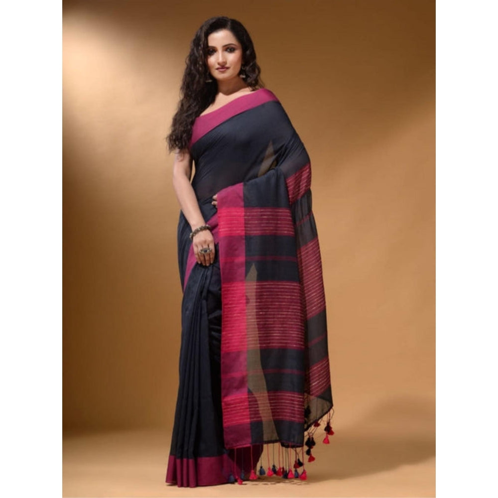 Isadora Life Womens Woven Tassels Black Pre-Draped Saree With Unstitched Blouse