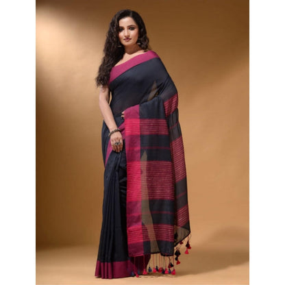 Isadora Life Womens Woven Tassels Black Pre-Draped Saree With Unstitched Blouse