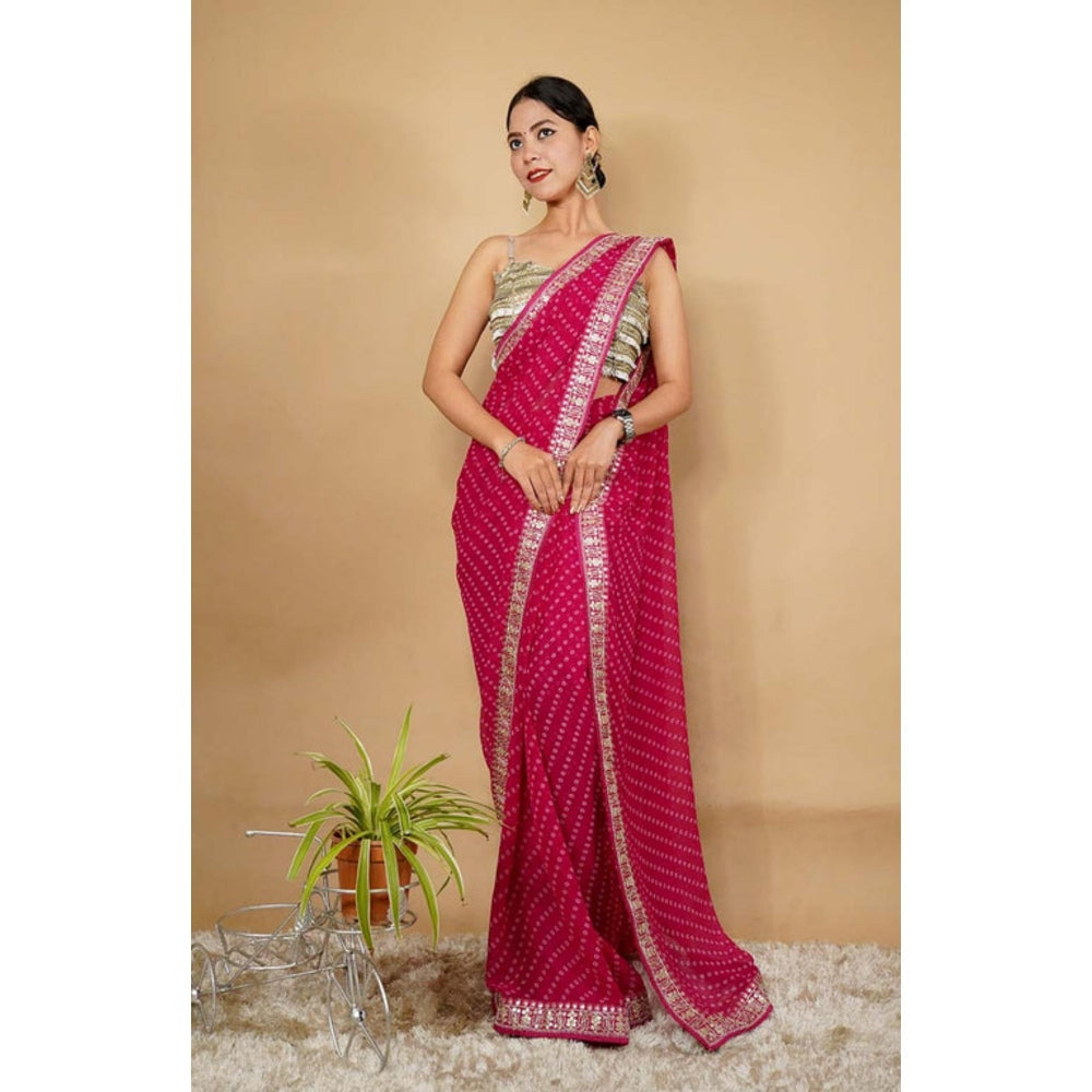 Isadora Life Womens Printed Embroidered Pink Pre-Draped Saree With Unstitched Blouse