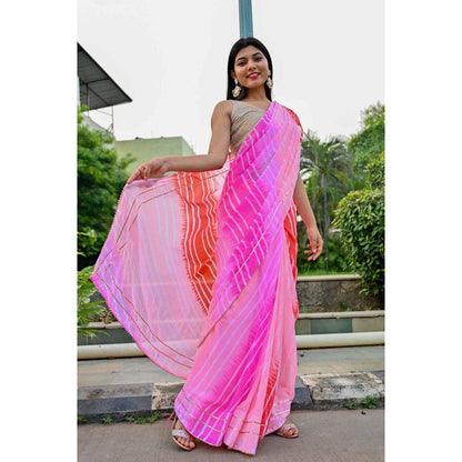 Isadora Life Womens Ombre Leheriya Pink Pre-Draped Saree With Unstitched Blouse