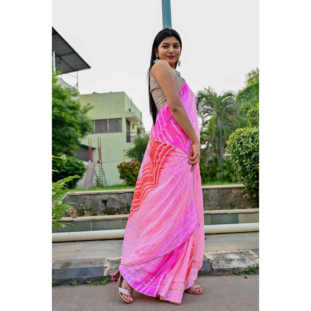 Isadora Life Womens Ombre Leheriya Pink Pre-Draped Saree With Unstitched Blouse
