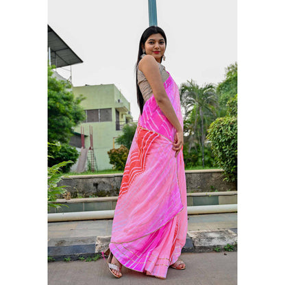 Isadora Life Womens Ombre Leheriya Pink Pre-Draped Saree With Unstitched Blouse