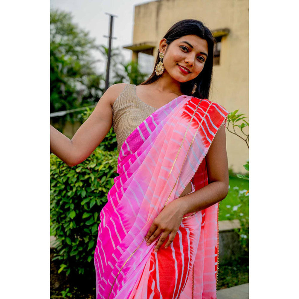 Isadora Life Womens Ombre Leheriya Pink Pre-Draped Saree With Unstitched Blouse