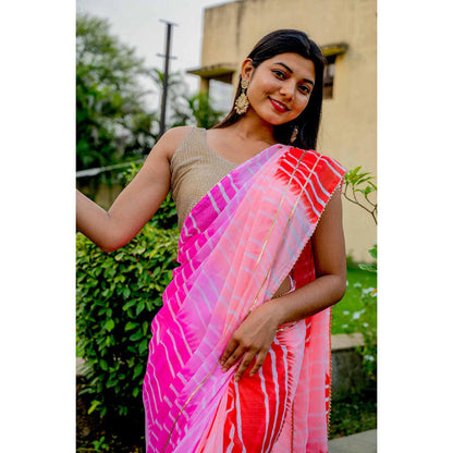 Isadora Life Womens Ombre Leheriya Pink Pre-Draped Saree With Unstitched Blouse