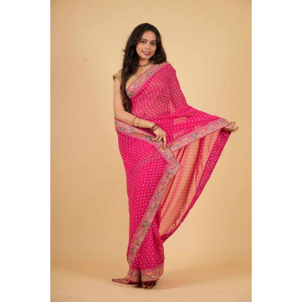 Isadora Life Womens Bandhani Printed Pink Pre-Draped Saree With Unstitched Blouse