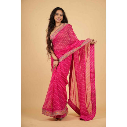 Isadora Life Womens Bandhani Printed Pink Pre-Draped Saree With Unstitched Blouse