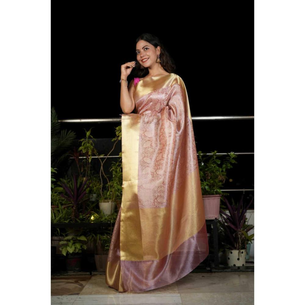 Isadora Life Womens Woven Zari Pink Pre-Draped Saree With Unstitched Blouse