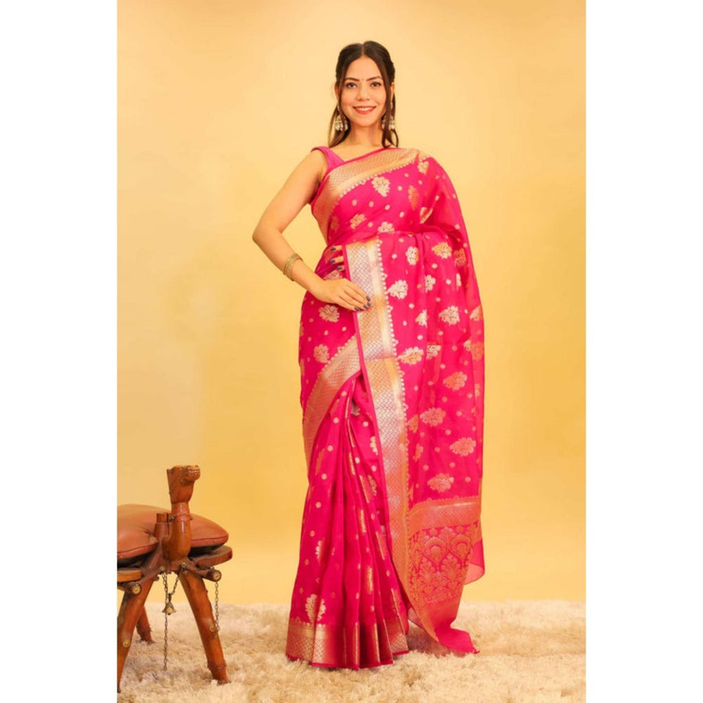 Isadora Life Womens Woven Zari Pink Pre-Draped Saree With Unstitched Blouse