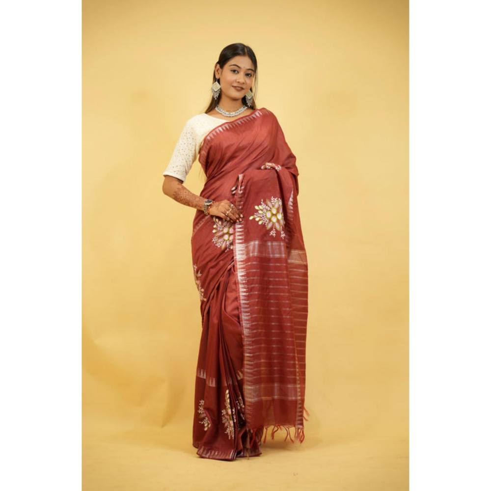 Isadora Life Womens Embroidered Tassels Brown Pre-Draped Saree With Unstitched Blouse