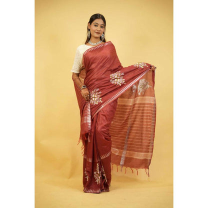 Isadora Life Womens Embroidered Tassels Brown Pre-Draped Saree With Unstitched Blouse