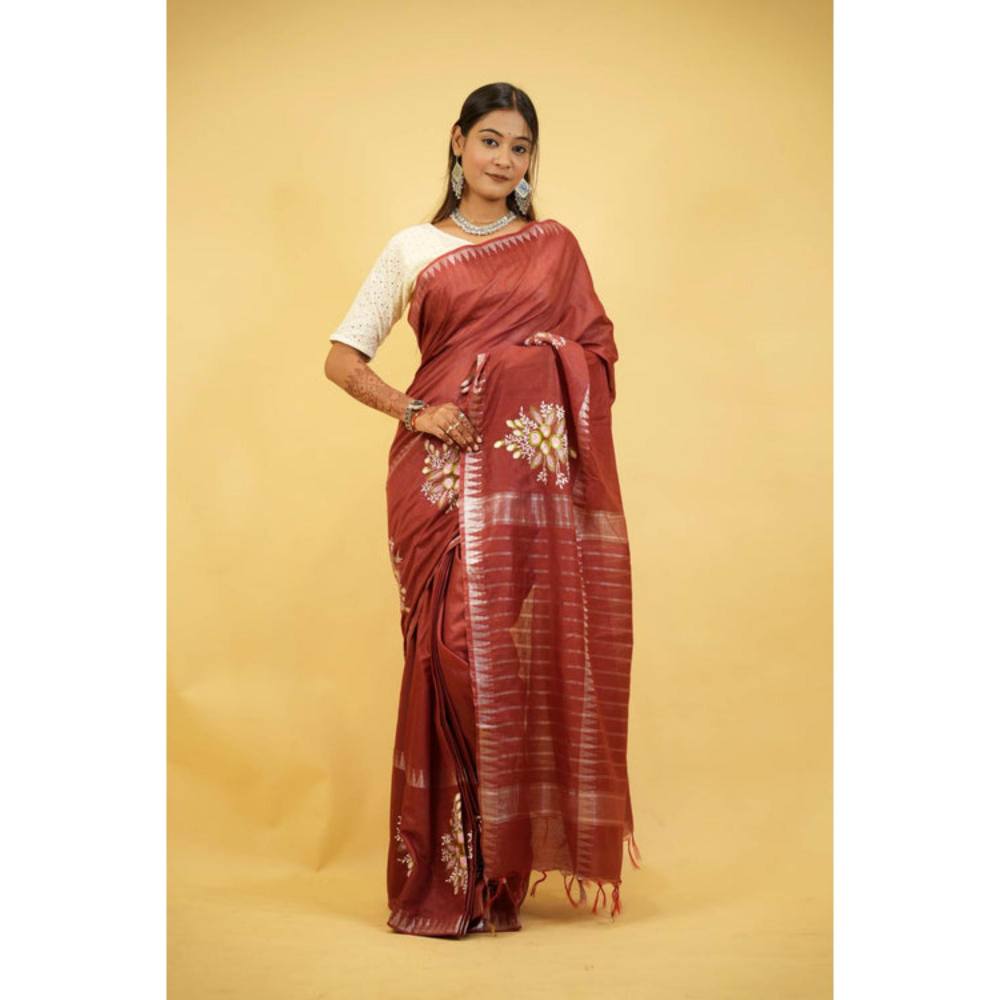 Isadora Life Womens Embroidered Tassels Brown Pre-Draped Saree With Unstitched Blouse