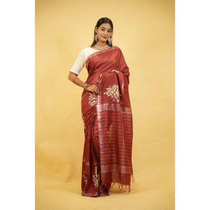 Isadora Life Womens Embroidered Tassels Brown Pre-Draped Saree With Unstitched Blouse