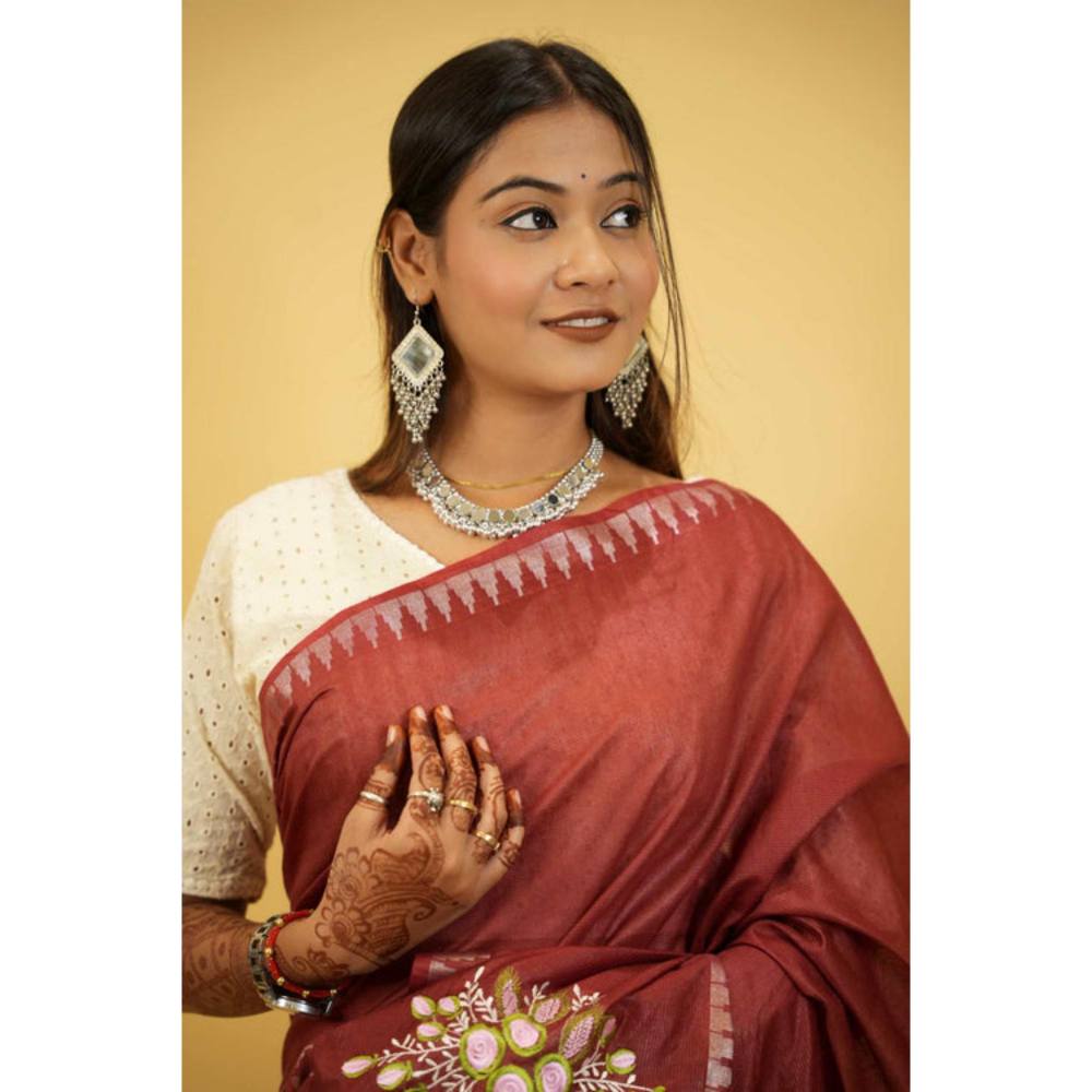 Isadora Life Womens Embroidered Tassels Brown Pre-Draped Saree With Unstitched Blouse