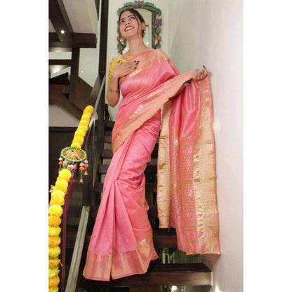 Isadora Life Womens Woven Zari Pink Pre-Draped Saree With Unstitched Blouse