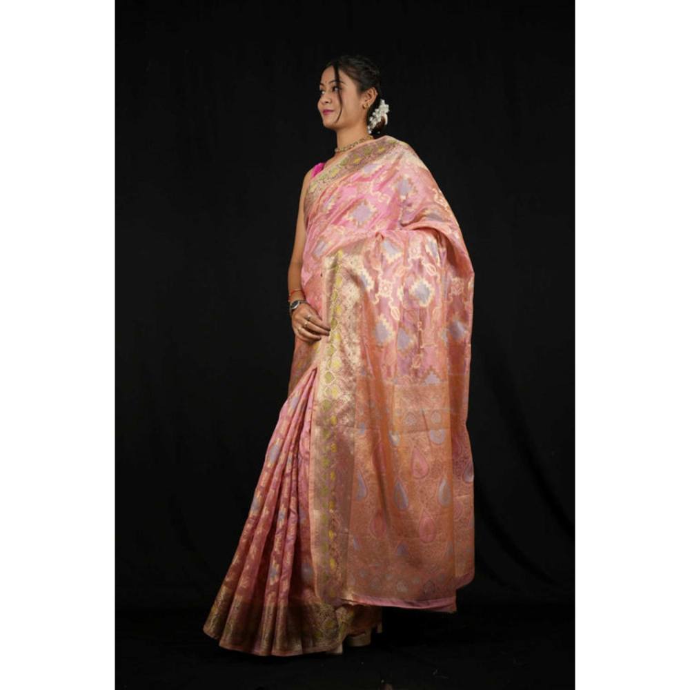 Isadora Life Womens Woven Zari Pink Pre-Draped Saree With Unstitched Blouse